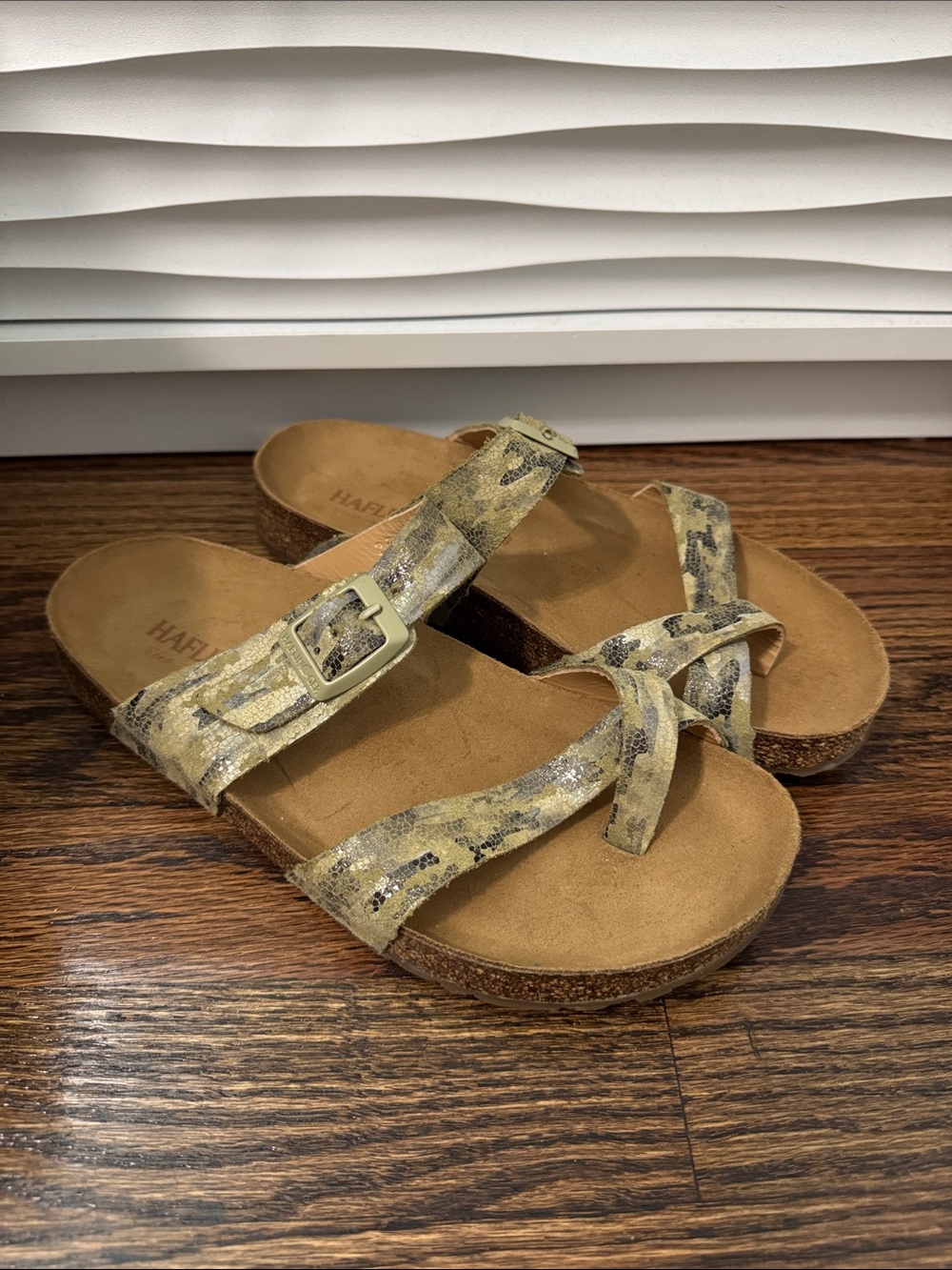 Haflinger Juno Green Camo Buckle Slide Cork Sandals
